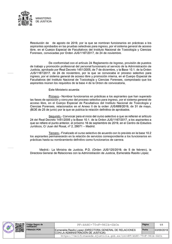 Nombramiento como funcionarios en prácticas de los Facultativos del INTCF